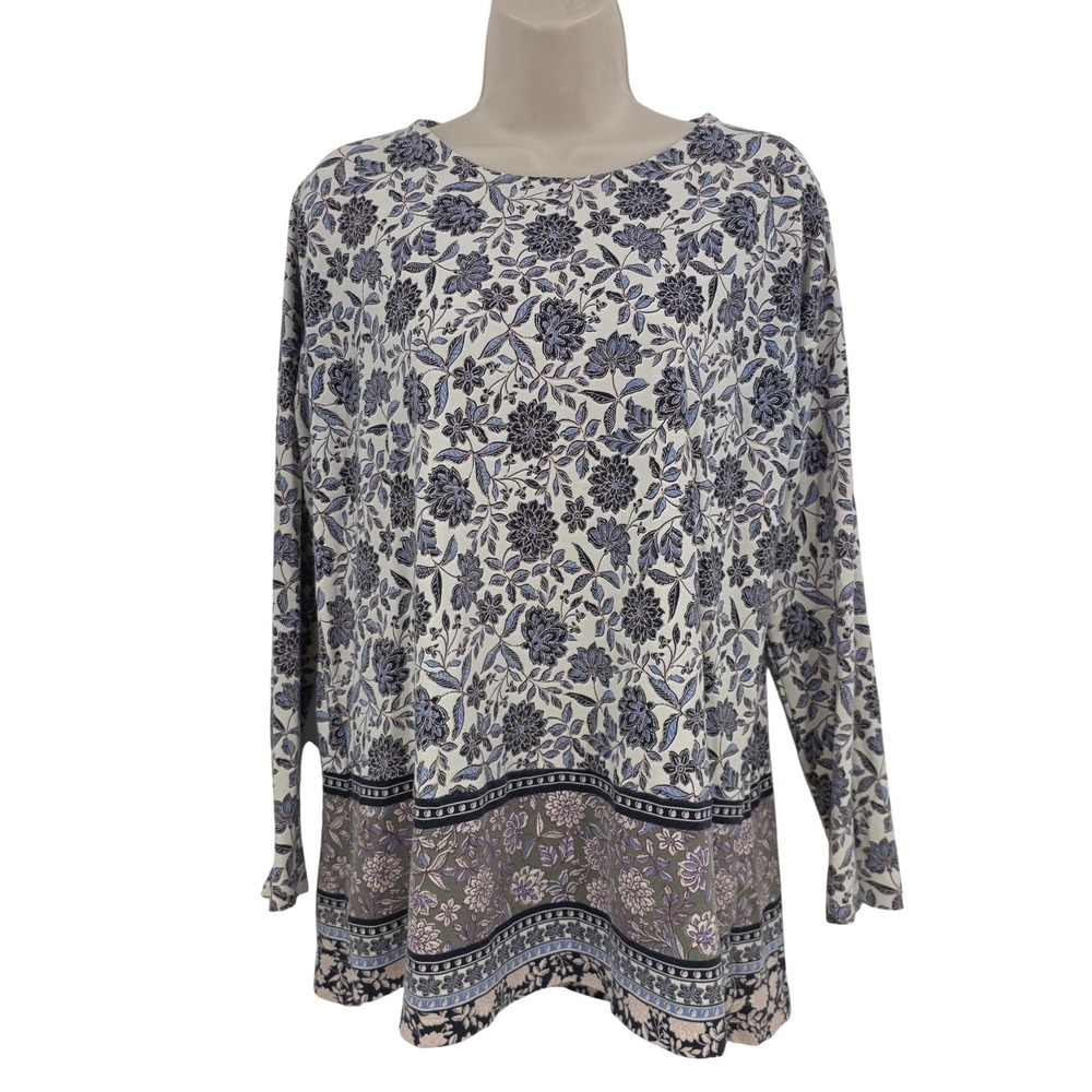 J Jill Simply Supima Shirt Women S Blue Floral Border Tunic Top Cottagecore